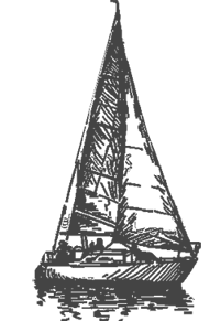 The image shows a simple, hand-drawn sketch of a sailboat with sails raised, floating on water.