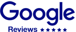 This image shows the Google logo accompanied by the text "Reviews" and a rating represented by five stars.