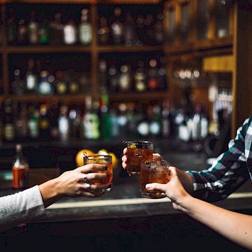 Three people raising their glasses in a toast in a dimly lit bar with shelves of bottles in the background.