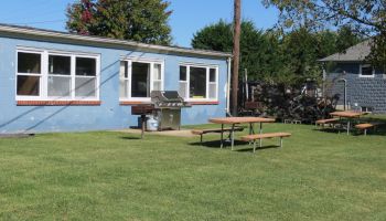 A grassy yard with picnic tables, a barbecue grill, and a blue building in the background on a sunny day, with trees and shrubs surrounding the area.