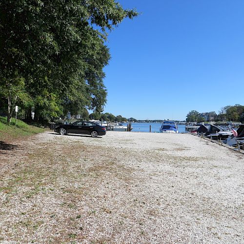 A gravel parking lot overlooks a marina with boats docked by the shore. Trees line the left side of the lot.